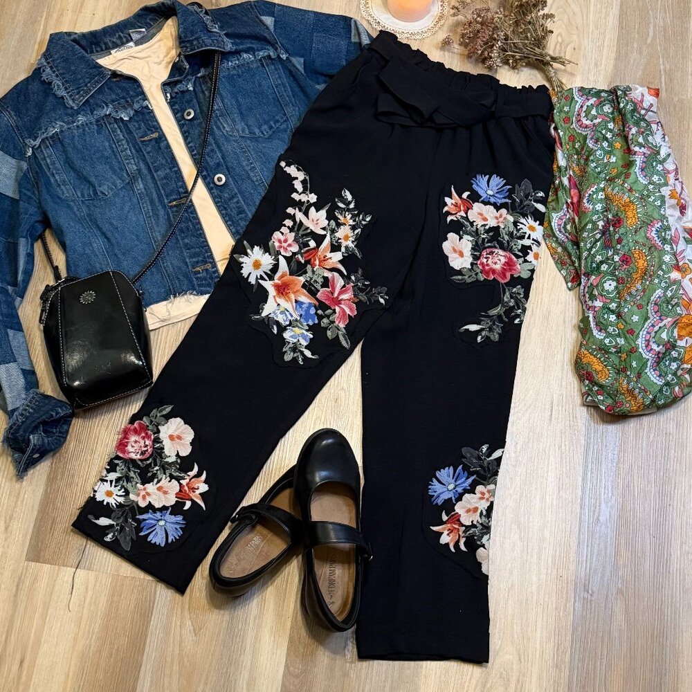 Upcycled Black Pants, Boho Floral Patchwork Pants with Raw Edge Details